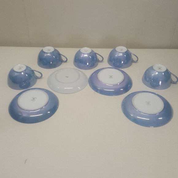 Meito China Handpainted in Japan Blue Orange Lusterware Cups Saucers Set of 4 - Picture 3 of 8